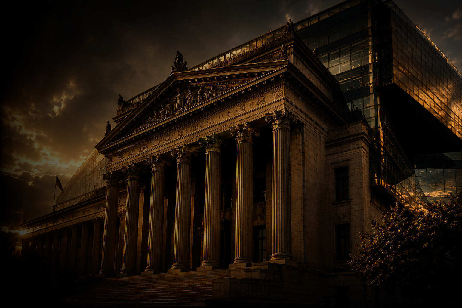 Golden-hour view of a monumental civic building combining classical colonnade and modern glass architecture